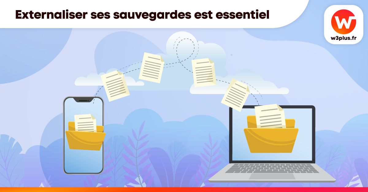 Illustration représentant la synchronisation de données entre un smartphone et un ordinateur portable